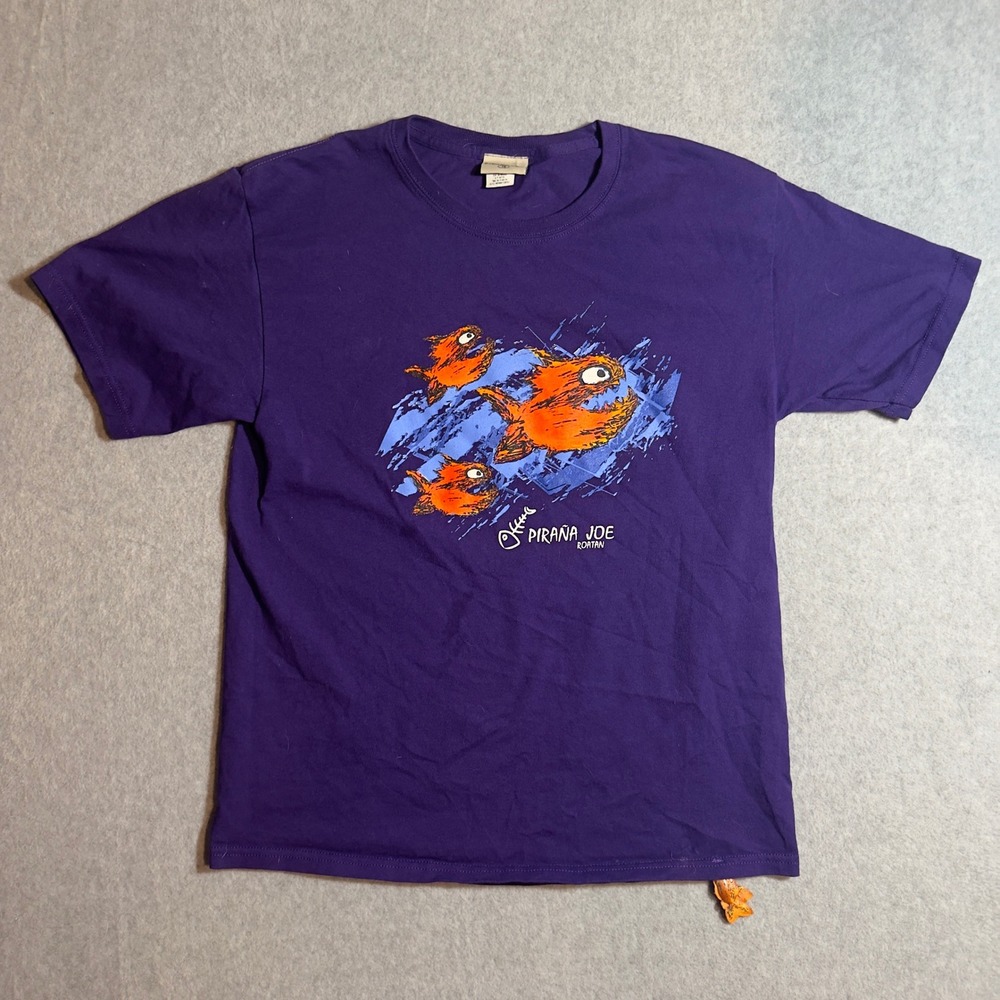 Pirana Joe Roatan Graphic T-Shirt Purple Mens Small Piranha Fish Souvenir Tee